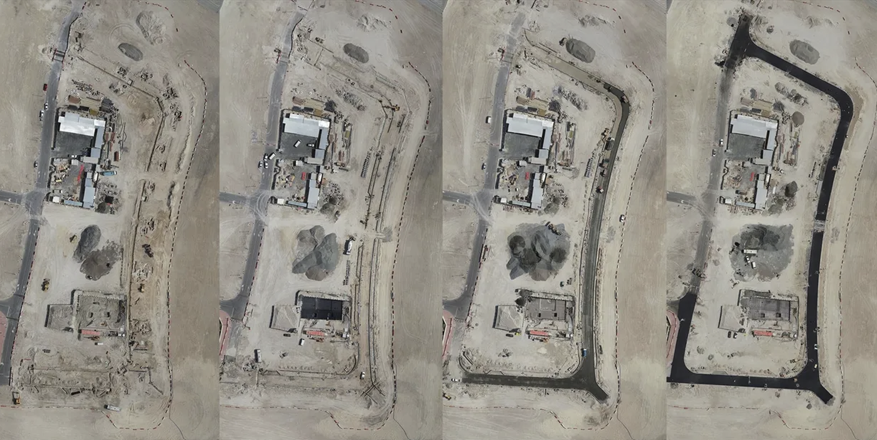 Time-lapse aerial drone footage showing construction site progress across four stages. The images display a desert/dirt construction area with buildings at different phases of development. From left to right, viewers can see the gradual installation of roads, foundation work, and site boundary definition as the project advances. The bird's-eye perspective clearly demonstrates how drone monitoring captures comprehensive construction progress that would be difficult to document from ground level.