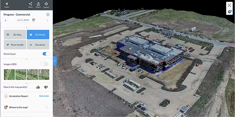 A 3D point cloud visualization of a commercial construction site created from integrated drone and LiDAR data. The interface shows a detailed topographical model of a building complex with surrounding terrain. The left sidebar displays navigation controls including 2D/3D viewing options, elevation settings, and point cloud toggles. Users can access various data layers, view captured images, and generate reports. This collaborative platform allows stakeholders to examine construction progress from June 5, 2018, manipulate the 3D model, and analyze site conditions from multiple perspectives.